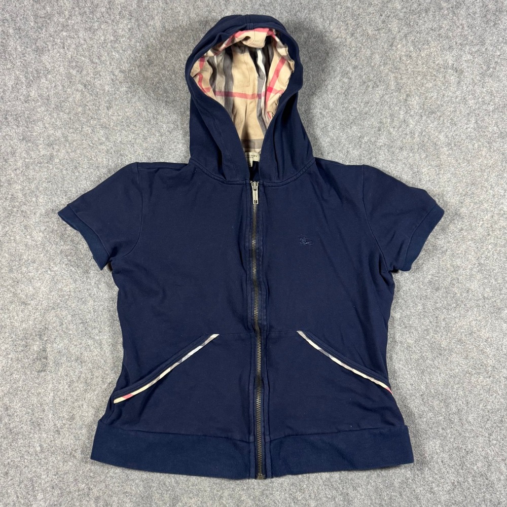 Burberry Hoodie Womens XL Navy Blue Short Sleeve Nova Check Trim Zip Up England